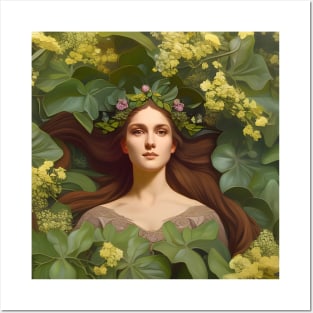 Spring Equinox Beautiful Woman Surrounded By Spring Flowers and Leaves Posters and Art